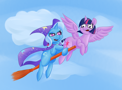 Size: 2049x1517 | Tagged: safe, artist:wizardski, trixie, twilight sparkle, alicorn, pony, g4, broom, cloud, cloudy, female, flying, flying broomstick, lidded eyes, looking at each other, mare, open mouth, sky, smirk, spread wings, twilight sparkle (alicorn)