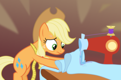 Size: 9702x6433 | Tagged: safe, artist:iphstich, applejack, earth pony, pony, g4, absurd resolution, applejack's hat, cowboy hat, female, hat, making dresses, mare, measuring tape, sewing, sewing machine, solo, spool, swapped cutie marks
