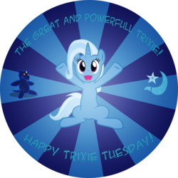 Size: 3436x3435 | Tagged: safe, artist:spectty, trixie, pony, unicorn, ursa minor, g4, abstract background, badge, female, mare, plushie, teddy bear, trixie tuesday, ursa plush