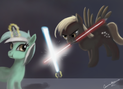 Size: 1024x744 | Tagged: dead source, safe, artist:auroriia, derpy hooves, lyra heartstrings, pegasus, pony, unicorn, :t, energy weapon, female, flying, glare, glowing horn, hooves, horn, levitation, lightsaber, magic, mare, mouth hold, parody, smiling, solo, spread wings, star wars, telekinesis, weapon, wings