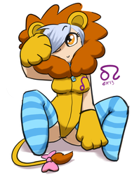 Size: 862x1088 | Tagged: safe, artist:moronsonofboron, leo (g4), human, g4, chibi, clothes, female, humanized, leo, ponyscopes, solo, stockings, zodiac