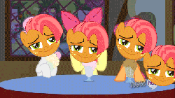 Size: 600x338 | Tagged: safe, edit, edited screencap, screencap, apple bloom, babs seed, scootaloo, sweetie belle, g4, one bad apple, animated, babsface, faic, female, milkshake, smug, song