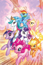 Size: 605x900 | Tagged: safe, artist:j-scott-campbell, artist:toolkitten, idw, applejack, fluttershy, pinkie pie, princess celestia, rainbow dash, rarity, twilight sparkle, alicorn, earth pony, pegasus, pony, unicorn, g4, official, cover, horn, mane six, no logo, textless