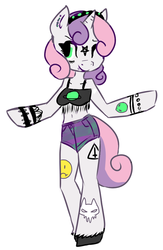 Size: 488x750 | Tagged: safe, artist:hart-ungalled, sweetie belle, unicorn, anthro, g4, arm hooves, arms spread out, clothes, midriff, older, one eye closed, pentagram, punk, shorts, simple background, smiling, soft grunge, tattoo, white background