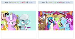 Size: 538x281 | Tagged: safe, screencap, berry punch, berryshine, bon bon, carrot top, daisy, diamond tiara, dj pon-3, flower wishes, golden harvest, lily, lily valley, shoeshine, silver spoon, sweetie drops, vinyl scratch, derpibooru, g4, magical mystery cure, my little pony: friendship is magic, one bad apple, exploitable meme, hubble, juxtaposition, juxtaposition win, meta, tv rating