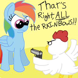 Size: 1000x1000 | Tagged: safe, artist:roflpony, rainbow dash, chicken, pegasus, pony, g4, at gunpoint, gun, rainbows, threatening, weapon