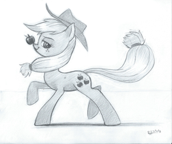 Size: 764x638 | Tagged: safe, artist:jobbythehong, applejack, earth pony, pony, g4, apple, balancing, female, food, monochrome, ponies balancing stuff on their nose, solo, traditional art