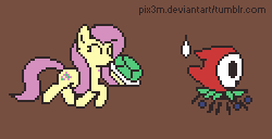 Size: 250x128 | Tagged: safe, artist:pix3m, fluttershy, shy guy, g4, 30 minute art challenge, animated, crossover, koopa shell, pixel art, spear, spear guy, sprite, super mario bros., weapon