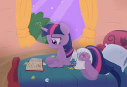 Size: 1450x1000 | Tagged: safe, artist:fillyscoots42, twilight sparkle, pony, unicorn, g4, bed, book, cute, diaper, female, golden oaks library, non-baby in diaper, poofy diaper, reading, solo, twiabetes, unicorn twilight