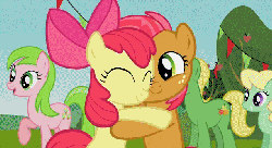 Size: 639x349 | Tagged: safe, screencap, apple bloom, apple honey, apple tarty, babs seed, red gala, wensley, earth pony, pony, apple family reunion, g4, adorababs, adorabloom, animated, apple family member, cute, gif, hug