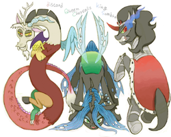 Size: 600x480 | Tagged: safe, artist:ezoisum, discord, king sombra, queen chrysalis, g4, antagonist, simple background
