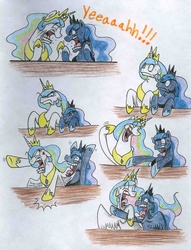 Size: 2460x3217 | Tagged: safe, artist:baconoffury, princess celestia, princess luna, g4, facial expressions, traditional art