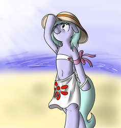 Size: 2591x2736 | Tagged: safe, artist:alucard8000, flitter, pony, g4, alternate hairstyle, bandeau, beach, belly button, bikini, bipedal, bracelet, clothes, hat, ribbon, sarong, sun hat, swimsuit