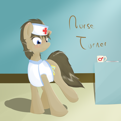 Size: 1280x1280 | Tagged: dead source, safe, artist:kryptchild, doctor whooves, time turner, earth pony, pony, g4, crossdressing, hat, mug, nurse, nurse turner, solo