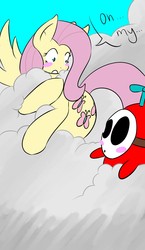 Size: 1116x1920 | Tagged: artist needed, safe, fluttershy, shy guy, g4, 30 minute art challenge, blush sticker, blushing, cloud, cloudy, crossover, fly guy, nintendo, propeller, sky, super mario bros., yoshi's island