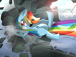 Size: 1600x1200 | Tagged: dead source, safe, artist:kty159, rainbow dash, pegasus, pony, g4, spike at your service, badass, cloud, female, flying, gritted teeth, lens flare, mare, missing cutie mark, mountain, one eye closed, rainbow trail, rock, sky, solo, spread wings, upside down, wings