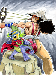 Size: 617x825 | Tagged: safe, artist:irie-mangastudios, spike, dragon, human, g4, cape, clothes, crossover, duo, duo male, long nose, looking at you, male, mask, one piece, overalls, sogeking, traditional art, usopp