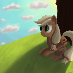 Size: 1000x1000 | Tagged: safe, artist:alorpax, applejack, g4, cloud, cloudy, grass, tree