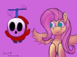 Size: 1280x957 | Tagged: safe, artist:shirohomura, fluttershy, shy guy, g4, 30 minute art challenge, crossover, fly guy, flying, propeller, super mario bros.