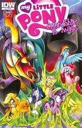 Size: 300x467 | Tagged: safe, idw, official comic, applejack, fluttershy, pinkie pie, queen chrysalis, rainbow dash, rarity, twilight sparkle, g4, official, comic, comic cover, cover, mane six