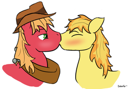 Size: 1121x778 | Tagged: safe, artist:bobarella, big macintosh, braeburn, earth pony, pony, g4, blushing, duo, gay, incest, kiss on the lips, kissing, male, ship:braemac, shipping, simple background, stallion, white background