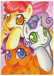 Size: 369x515 | Tagged: safe, artist:onnaevilsmith, apple bloom, scootaloo, sweetie belle, earth pony, pegasus, pony, unicorn, g4, cutie mark crusaders, traditional art, trio