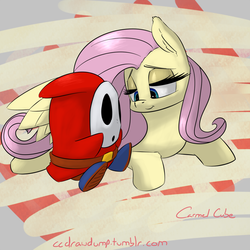 Size: 1000x1000 | Tagged: safe, artist:carmelcube, fluttershy, shy guy, g4, 30 minute art challenge, bedroom eyes, crack shipping, crossover, crossover shipping, fluttershyguy, nintendo, shipping, super mario bros., super mario bros. 2