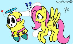 Size: 800x480 | Tagged: safe, artist:sdych, fluttershy, shy guy, g4, 30 minute art challenge, crossover, cutie mark, fly guy, flying, propeller, super mario bros., yellow, yoshi's island