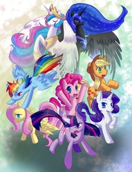 Size: 744x973 | Tagged: safe, artist:whitephox, applejack, fluttershy, nightmare moon, pinkie pie, princess celestia, rainbow dash, rarity, twilight sparkle, alicorn, earth pony, pegasus, pony, unicorn, g4, horn, mane six