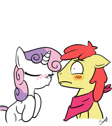 Size: 500x559 | Tagged: safe, artist:jovey4, apple bloom, sweetie belle, earth pony, pony, unicorn, fanfic:on a whisper of wind, g4, applebuck, blushing, eyes closed, female, half r63 shipping, male, on a whisper of wind, rule 63, ship:sweetiebloom, ship:sweetiebuck, shipping, straight