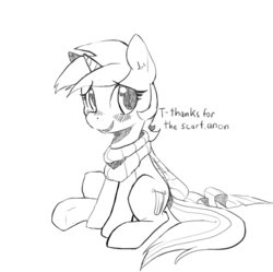 Size: 961x956 | Tagged: safe, artist:mewball, lyra heartstrings, pony, g4, black and white, blushing, clothes, dialogue, female, grayscale, implied anon, monochrome, scarf, simple background, smiling, solo, white background