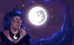 Size: 2048x1240 | Tagged: safe, princess luna, human, g4, eared humanization, female, horn, horned humanization, humanized, mare in the moon, moon, solo