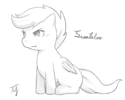 Size: 740x590 | Tagged: safe, artist:japananon, scootaloo, pegasus, pony, g4, monochrome, pixiv, solo