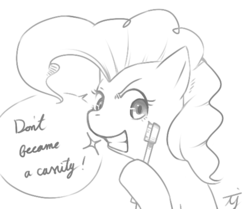 Size: 550x460 | Tagged: safe, artist:japananon, pinkie pie, earth pony, pony, g4, monochrome, pixiv, solo, toothbrush