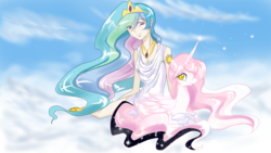 Size: 1366x768 | Tagged: safe, artist:maroonriver, princess celestia, human, g4, crossover, humanized, ponified, puella magi madoka magica, species swap