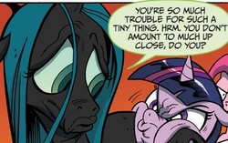 Size: 446x280 | Tagged: safe, idw, official comic, queen chrysalis, twilight sparkle, g4, the return of queen chrysalis, spoiler:comic, angry, duckface, faic, pouting, squishy cheeks, twilight sparkle is not amused, unamused, villains touching twilight