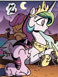 Size: 279x366 | Tagged: safe, idw, official comic, observer (g4), princess celestia, scootaloo, twilight sparkle, alicorn, earth pony, pegasus, pony, unicorn, g4, the return of queen chrysalis, spoiler:comic, spoiler:comic04, ^^, behaving like a cat, crown, cute, cutealoo, eyes closed, female, filly, fringe, idw is trying to murder us, jewelry, male, mare, momlestia, moon, onomatopoeia, ponyloaf, prone, regalia, scootalove, sleeping, sound effects, stallion, sweet dreams fuel, twiabetes, twilight cat, unicorn twilight, whistling, zzz