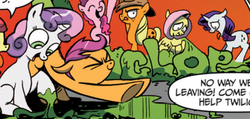 Size: 507x242 | Tagged: safe, idw, official comic, apple bloom, applejack, fluttershy, pinkie pie, rarity, scootaloo, sweetie belle, earth pony, goo, pegasus, pony, unicorn, g4, the return of queen chrysalis, spoiler:comic04, changeling slime, comic, cropped, female, filly, iwtcird, mare, meme, red background, simple background, stretching