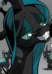Size: 350x497 | Tagged: safe, idw, official comic, queen chrysalis, changeling, changeling queen, g4, the return of queen chrysalis, spoiler:comic, eyeshadow, fangs, female, grin, lidded eyes, makeup, smiling, stupid sexy chrysalis, teeth