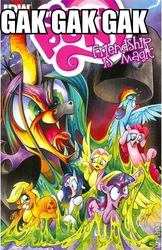 Size: 302x467 | Tagged: safe, artist:andy price, idw, applejack, fluttershy, pinkie pie, queen chrysalis, rainbow dash, rarity, twilight sparkle, g4, the return of queen chrysalis, gak, mane six, scared, slime, stuck