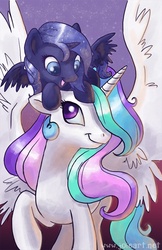 Size: 582x900 | Tagged: safe, artist:joieart, princess celestia, princess luna, alicorn, pony, g4, cute, duo, female, filly, luna riding celestia, lunabetes, on head, ponies riding ponies, pony hat, riding, siblings, sisters, woona
