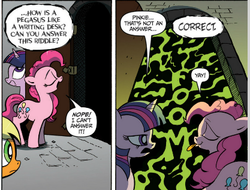 Size: 417x317 | Tagged: safe, edit, idw, official comic, applejack, pinkie pie, twilight sparkle, g4, the return of queen chrysalis, spoiler:comic, spoiler:comic04, alice in wonderland, door, pinkie logic, riddle, tongue out