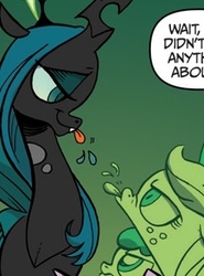 Size: 242x327 | Tagged: safe, idw, official comic, apple bloom, applejack, queen chrysalis, g4, the return of queen chrysalis, spoiler:comic, tongue out