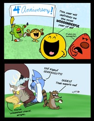 Size: 2550x3291 | Tagged: safe, artist:cartuneslover16, discord, draconequus, g4, bowtie, clown, comic, crossover, female, honk, horn, little miss, little miss sunshine, male, mordecai, mordecai and rigby, mr. funny, mr. happy, mr. men, mr. men little miss, mr. rude, regular show, rigby (regular show), the mr. men show