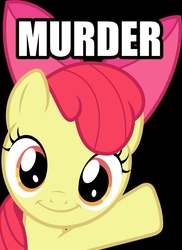 Size: 900x1234 | Tagged: safe, apple bloom, earth pony, pony, g4, :i, black background, female, image macro, looking at you, murder, one word, simple background, smiling, solo