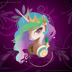 Size: 1299x1299 | Tagged: safe, artist:hinoraito, princess celestia, alicorn, pony, g4, bust, female, headphones, portrait, solo