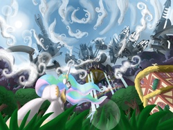 Size: 2000x1500 | Tagged: safe, artist:cgeta, princess celestia, robot, g4, butt, fisheye lens, grass, low angle, plot, scared, vertigo