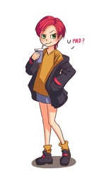 Size: 1050x1780 | Tagged: safe, artist:ninjaham, babs seed, human, g4, clothes, freckles, humanized, jacket, legs, miniskirt, shoes, skirt, socks, solo, u mad