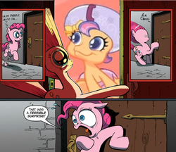 Size: 716x620 | Tagged: safe, pinkie pie, scootaloo (g3), g3, g4, newborn cuties, once upon a my little pony time, exploitable meme, meme, pinkie's silly face, surprise blind, surprise door