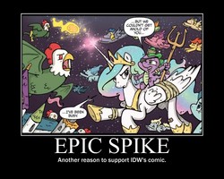 Size: 750x600 | Tagged: safe, edit, idw, official comic, princess celestia, spike, alicorn, cockatrice, dragon, pegasus, pony, g4, spoiler:comic, spoiler:comic04, dragons riding ponies, ethereal mane, eyepatch, female, male, mare, motivational poster, riding, speech bubble, spike riding celestia, trident